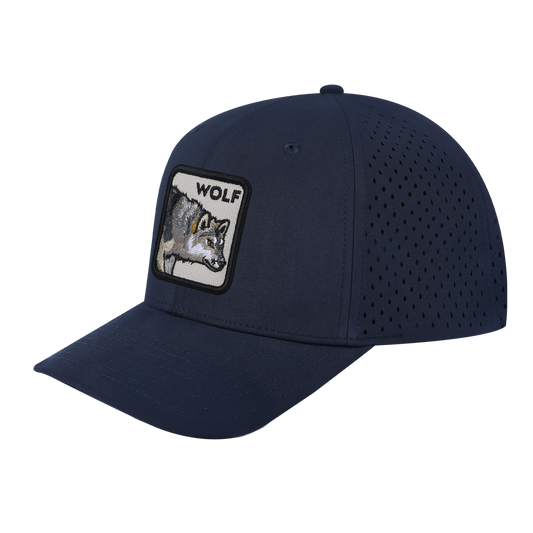 Wolf 6-Panel Microfiber Laser Hole Trucker Hat with Navy front and Navy back