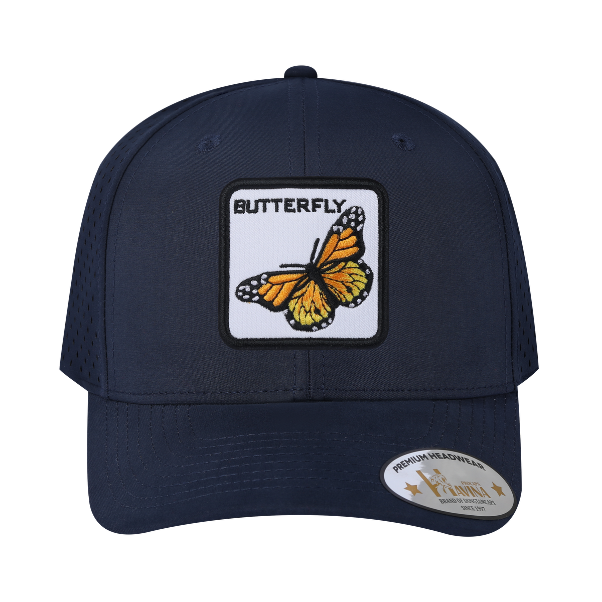 Butterfly 6-Panel Microfiber Laser Hole Trucker Hat with Navy front and Navy back