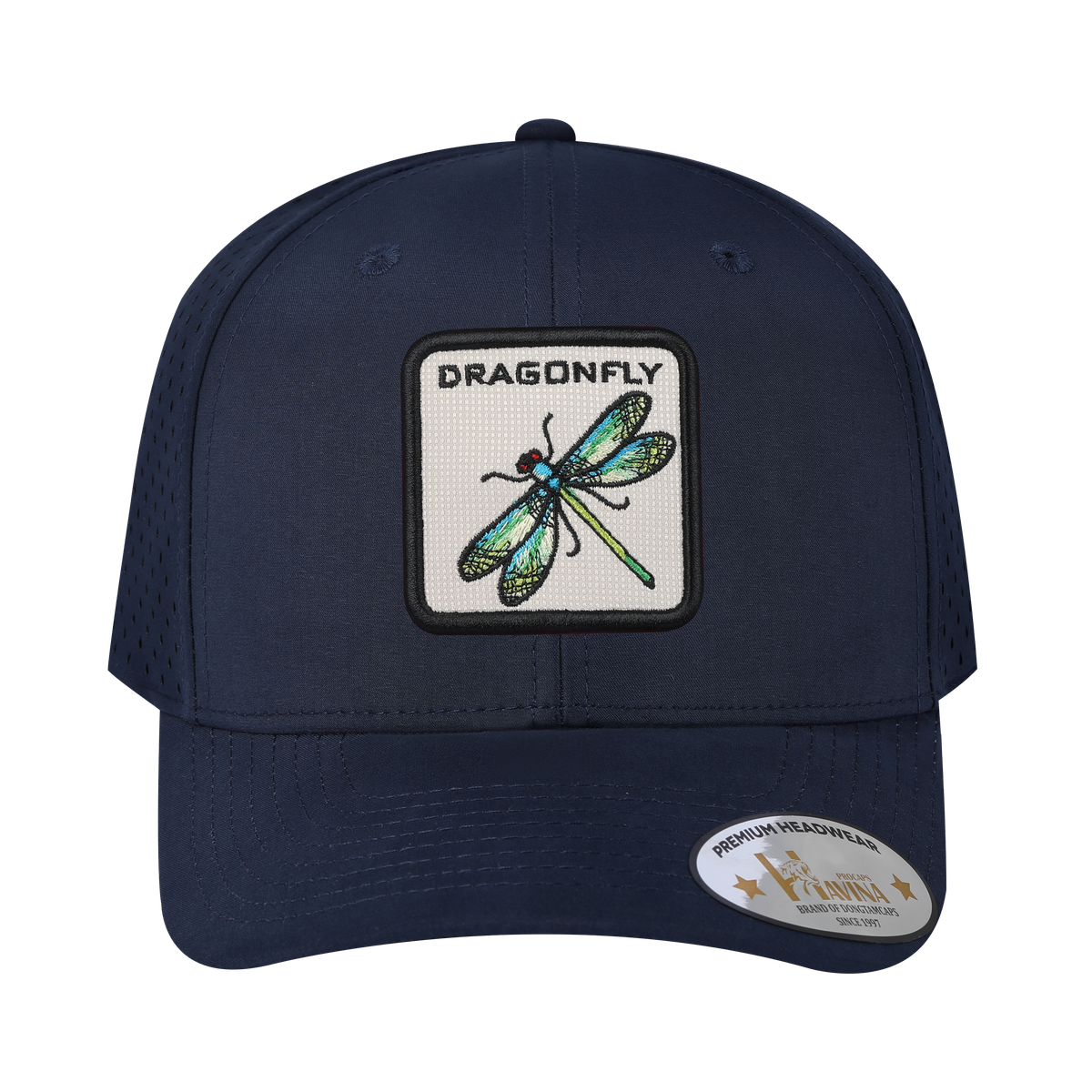 Dragonfly 6-Panel Microfiber Laser Hole Trucker Hat with Navy front and Navy back