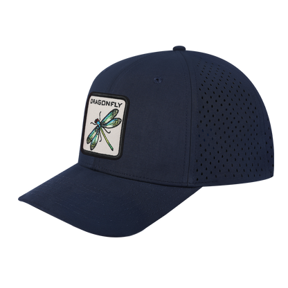 Dragonfly 6-Panel Microfiber Laser Hole Trucker Hat with Navy front and Navy back