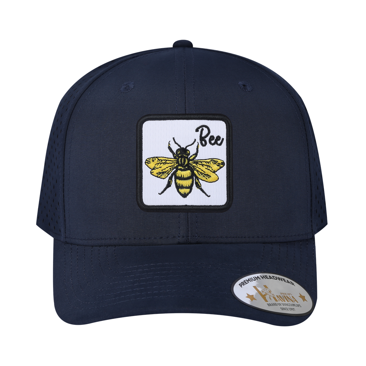 Bee 6-Panel Microfiber Laser Hole Trucker Hat with Navy front and Navy back