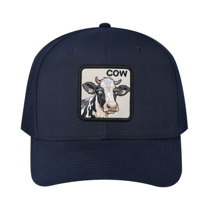 Cow 6-Panel Microfiber Laser Hole Trucker Hat with Navy front and Navy back