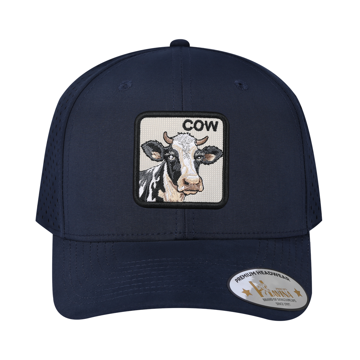 Cow 6-Panel Microfiber Laser Hole Trucker Hat with Navy front and Navy back