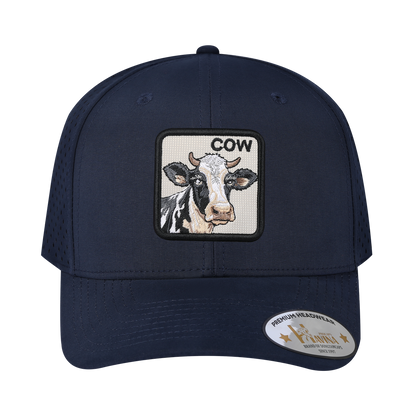Cow 6-Panel Microfiber Laser Hole Trucker Hat with Navy front and Navy back