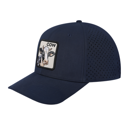 Cow 6-Panel Microfiber Laser Hole Trucker Hat with Navy front and Navy back