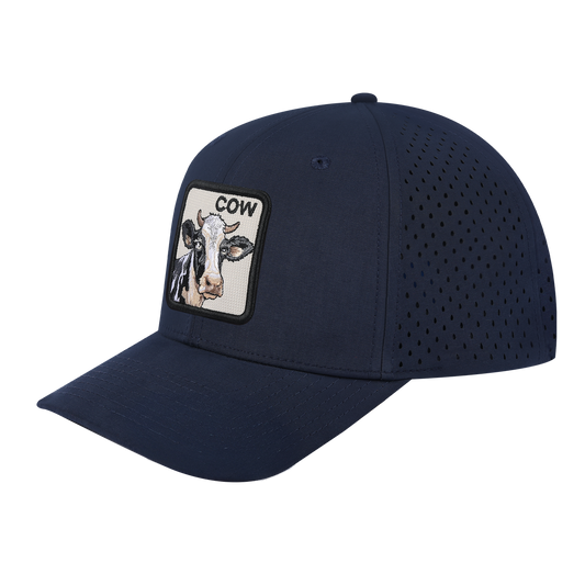 Cow 6-Panel Microfiber Laser Hole Trucker Hat with Navy front and Navy back