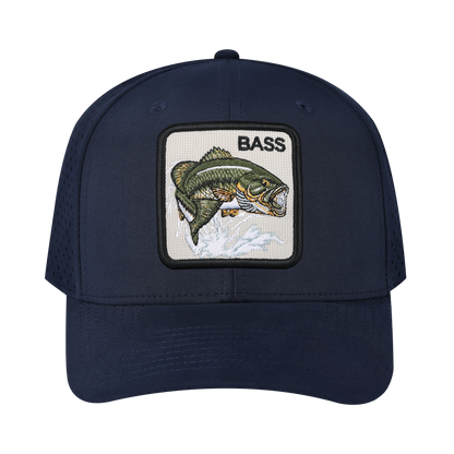 Bass 6-Panel Microfiber Laser Hole Trucker Hat with Navy front and Navy back