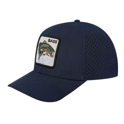Bass 6-Panel Microfiber Laser Hole Trucker Hat with Navy front and Navy back