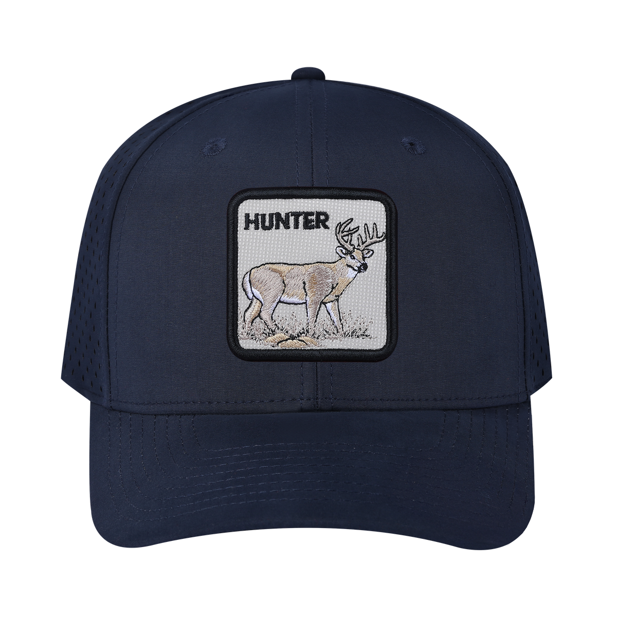 Hunter 6-Panel Microfiber Laser Hole Trucker Hat with Navy front and Navy back
