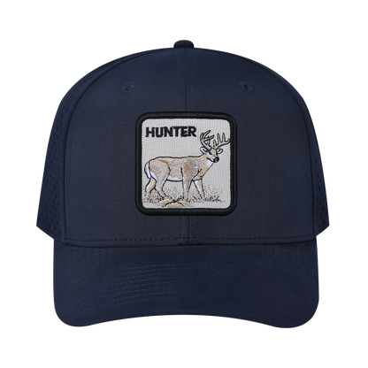 Hunter 6-Panel Microfiber Laser Hole Trucker Hat with Navy front and Navy back