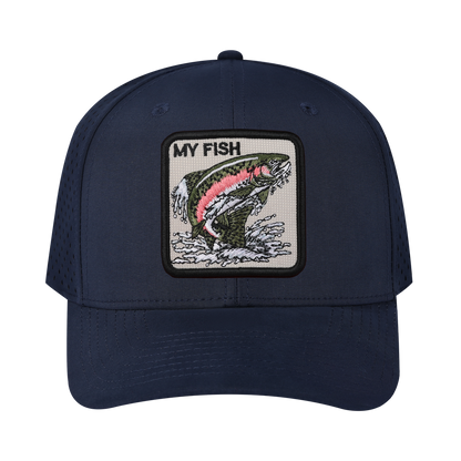 My Fish 6-Panel Microfiber Laser Hole Trucker Hat with Navy front and Navy back
