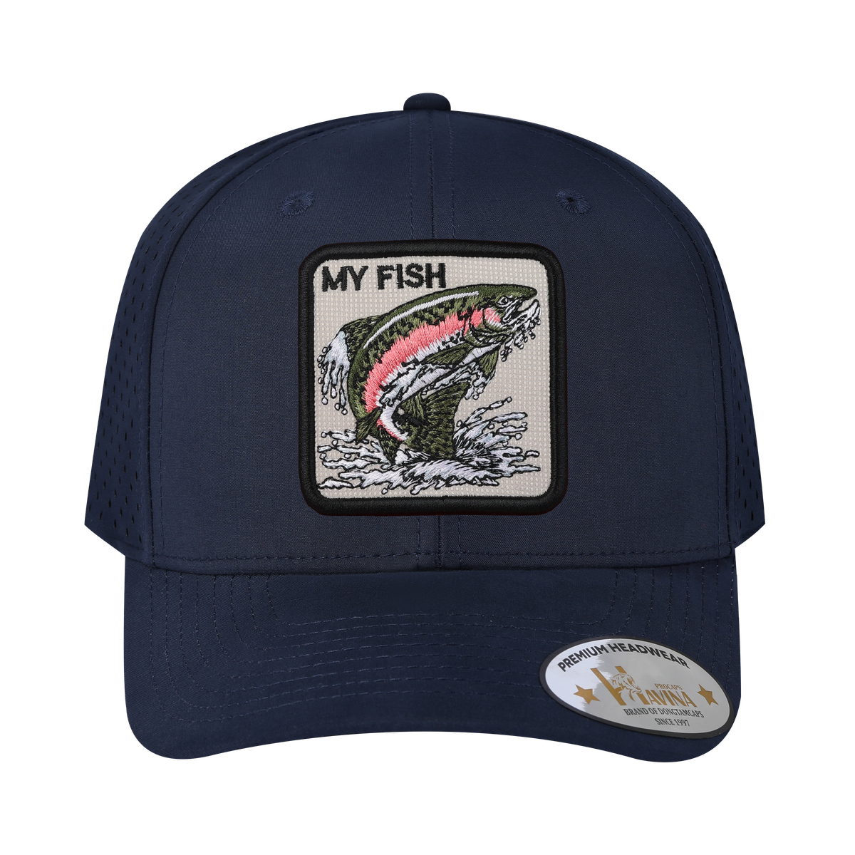 Embroidered The My Fish - 6 Panel Microfiber Laser hole Trucker Hat - Navy/Navy