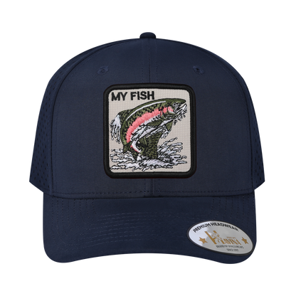 My Fish 6-Panel Microfiber Laser Hole Trucker Hat with Navy front and Navy back