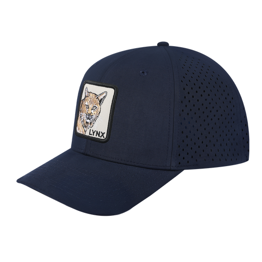 Lynx 6-Panel Microfiber Laser Hole Trucker Hat with Navy front and Navy back