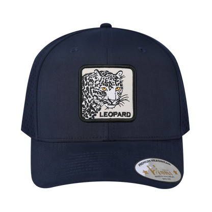 Leopard 6-Panel Microfiber Laser Hole Trucker Hat with Navy front and Navy back