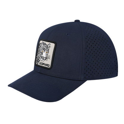 Leopard 6-Panel Microfiber Laser Hole Trucker Hat with Navy front and Navy back