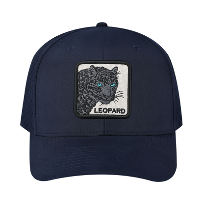 Leopard V2 6-Panel Microfiber Laser Hole Trucker Hat with Navy front and Navy back