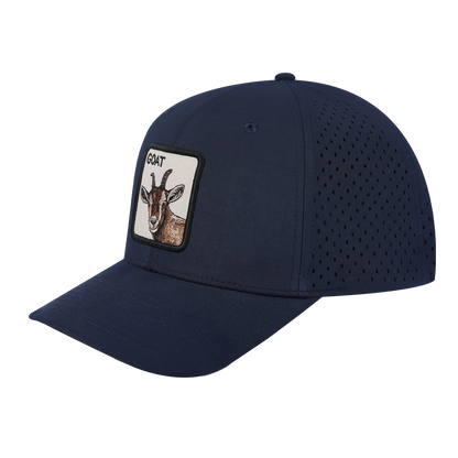 Goat 6-Panel Microfiber Laser Hole Trucker Hat with Navy front and Navy back