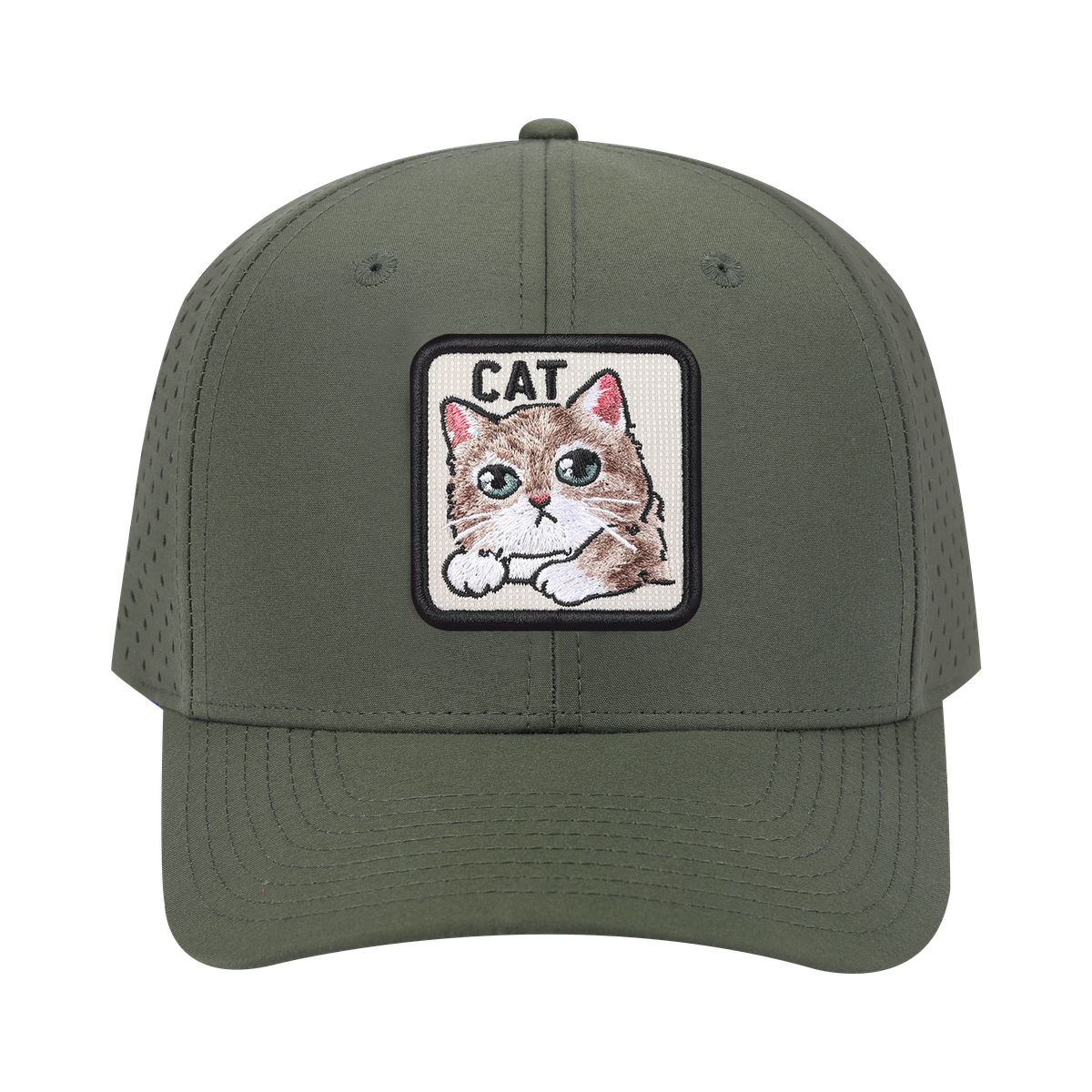 Cat 6-Panel Microfiber Laser Hole Trucker Hat with Olive front and Olive back