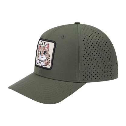 Cat 6-Panel Microfiber Laser Hole Trucker Hat with Olive front and Olive back