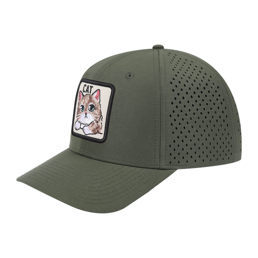 Cat 6-Panel Microfiber Laser Hole Trucker Hat with Olive front and Olive back
