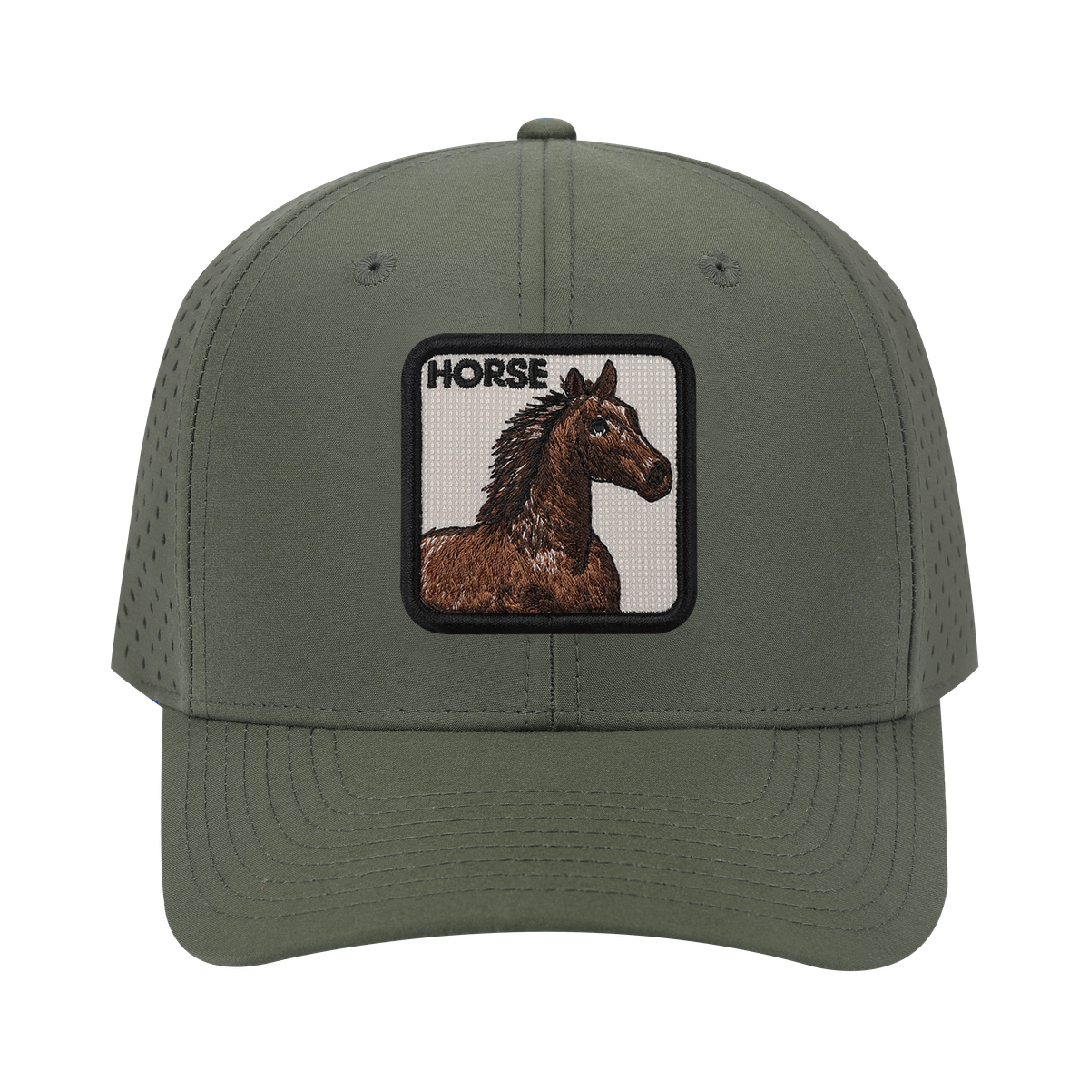 Horse 6-Panel Microfiber Laser Hole Trucker Hat with Olive front and Olive back