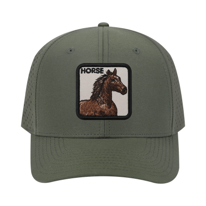 Horse 6-Panel Microfiber Laser Hole Trucker Hat with Olive front and Olive back