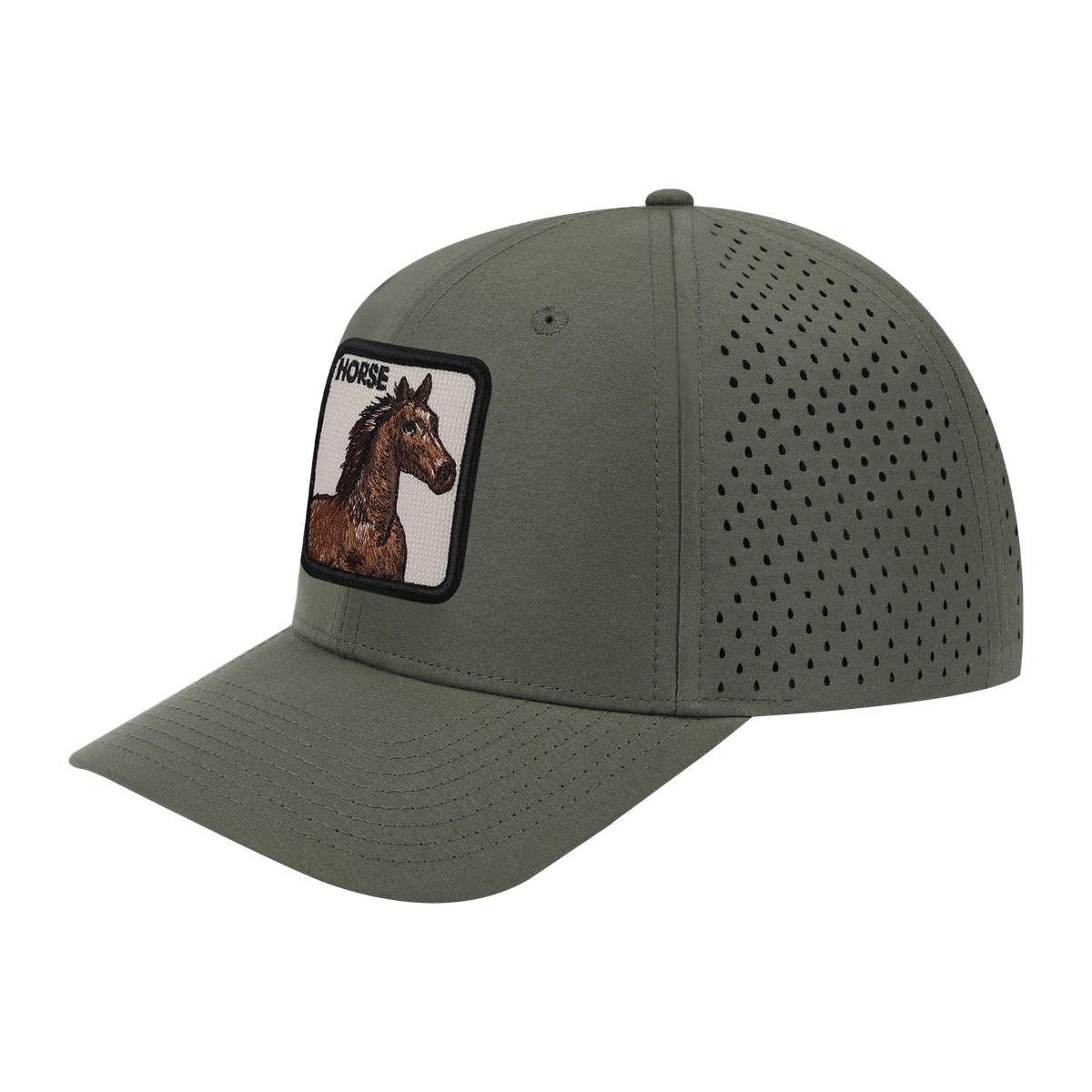 Horse 6-Panel Microfiber Laser Hole Trucker Hat with Olive front and Olive back