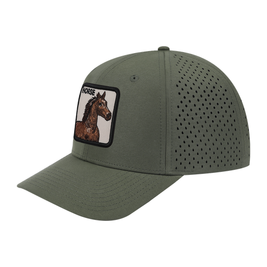 Horse 6-Panel Microfiber Laser Hole Trucker Hat with Olive front and Olive back