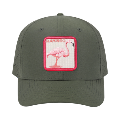 Flamingo 6-Panel Microfiber Laser Hole Trucker Hat with Olive front and Olive back