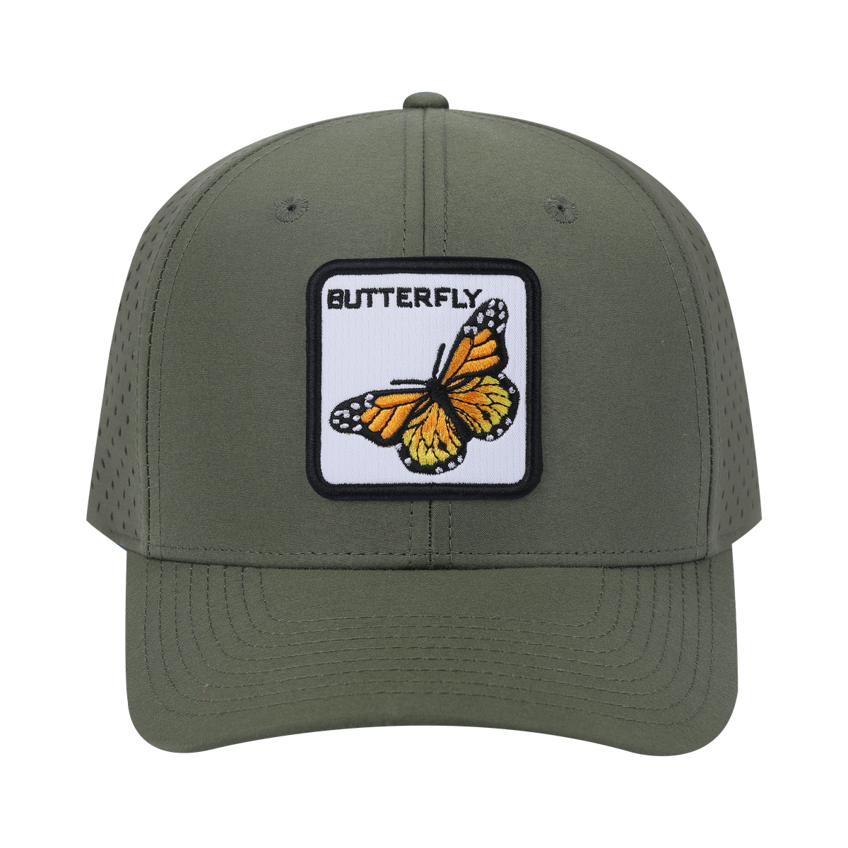 Butterfly 6-Panel Microfiber Laser Hole Trucker Hat with Olive front and Olive back
