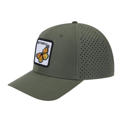 Butterfly 6-Panel Microfiber Laser Hole Trucker Hat with Olive front and Olive back