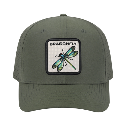 Dragonfly 6-Panel Microfiber Laser Hole Trucker Hat with Olive front and Olive back