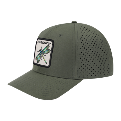 Dragonfly 6-Panel Microfiber Laser Hole Trucker Hat with Olive front and Olive back