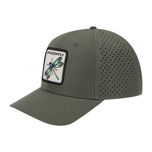 Dragonfly 6-Panel Microfiber Laser Hole Trucker Hat with Olive front and Olive back