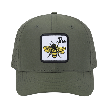 Bee 6-Panel Microfiber Laser Hole Trucker Hat with Olive front and Olive back