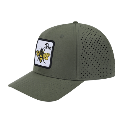 Bee 6-Panel Microfiber Laser Hole Trucker Hat with Olive front and Olive back