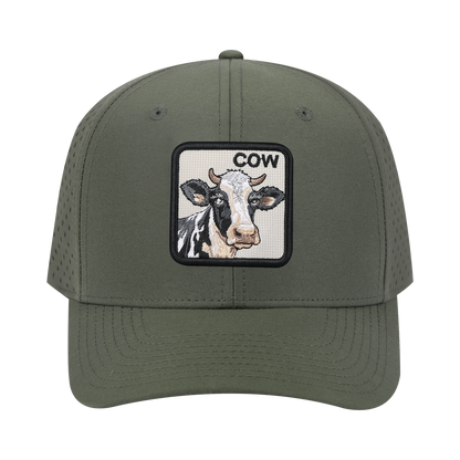 Cow 6-Panel Microfiber Laser Hole Trucker Hat with Olive front and Olive back