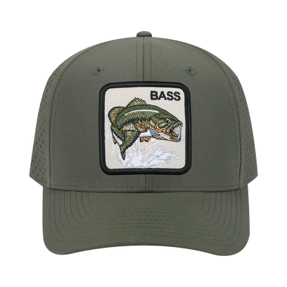Bass 6-Panel Microfiber Laser Hole Trucker Hat with Olive front and Olive back