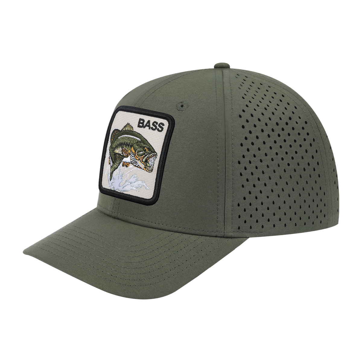 Bass 6-Panel Microfiber Laser Hole Trucker Hat with Olive front and Olive back