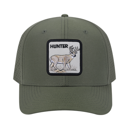 Hunter 6-Panel Microfiber Laser Hole Trucker Hat with Olive front and Olive back