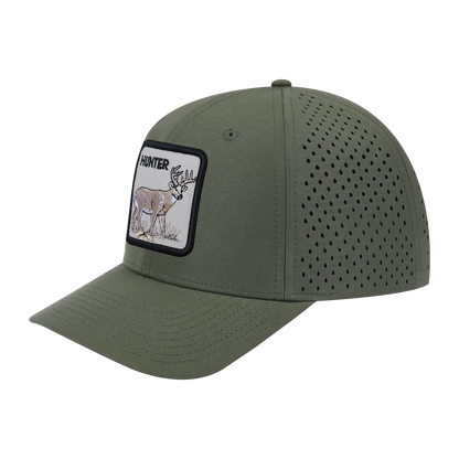 Hunter 6-Panel Microfiber Laser Hole Trucker Hat with Olive front and Olive back