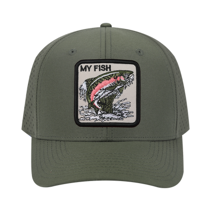 My Fish 6-Panel Microfiber Laser Hole Trucker Hat with Olive front and Olive back
