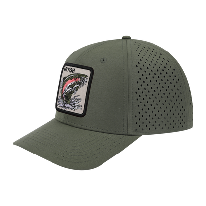 My Fish 6-Panel Microfiber Laser Hole Trucker Hat with Olive front and Olive back