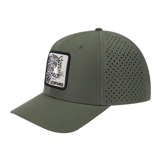 Leopard 6-Panel Microfiber Laser Hole Trucker Hat with Olive front and Olive back