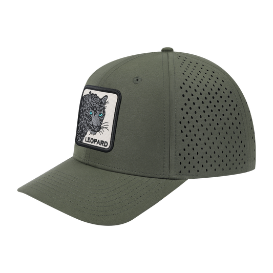 Leopard V2 6-Panel Microfiber Laser Hole Trucker Hat with Olive front and Olive back