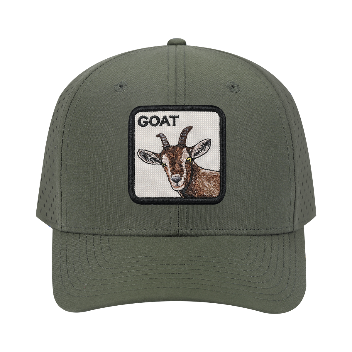Goat 6-Panel Microfiber Laser Hole Trucker Hat with Olive front and Olive back