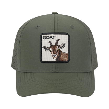 Goat 6-Panel Microfiber Laser Hole Trucker Hat with Olive front and Olive back