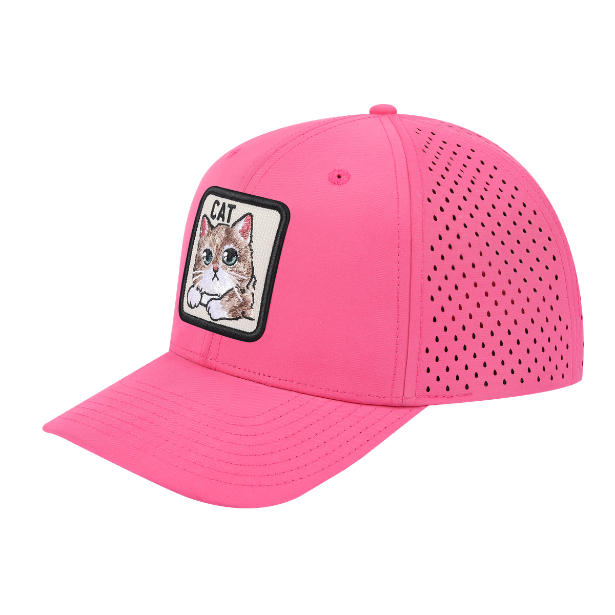 Cat 6-Panel Microfiber Laser Hole Trucker Hat with Pink front and Pink back