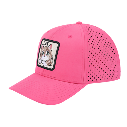 Cat 6-Panel Microfiber Laser Hole Trucker Hat with Pink front and Pink back